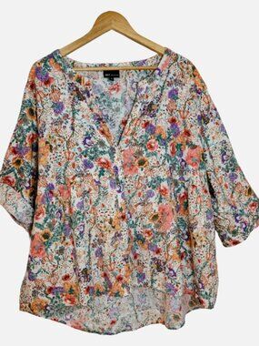JNY Linen Blend Floral Tunic 3X Boho Coastal Flowy Babydoll NWOT Plus Size